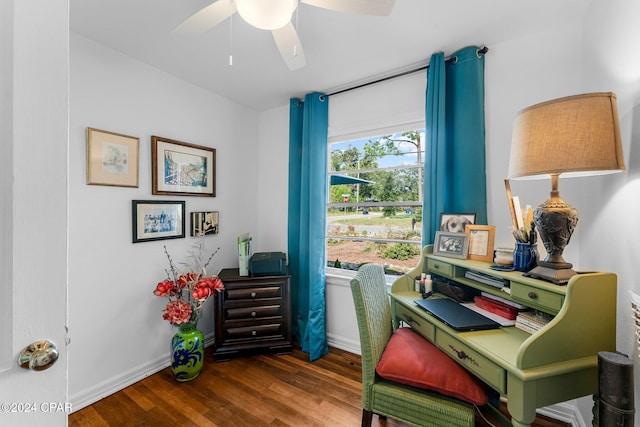 office space featuring ceiling fan and dark hardwood / wood-style flooring