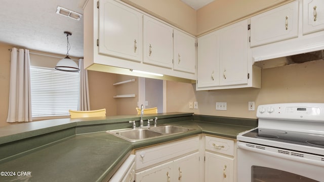 kitchen featuring white cabinets, a textured ceiling, white range with electric stovetop, and sink