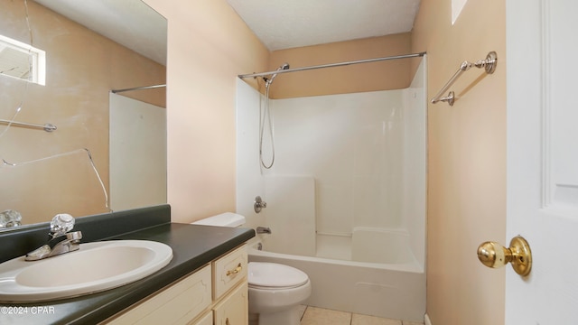 full bathroom with shower / bathing tub combination, vanity, toilet, and tile patterned floors