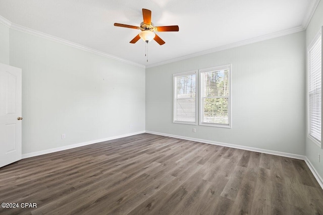 unfurnished room with crown molding, dark hardwood / wood-style flooring, and ceiling fan