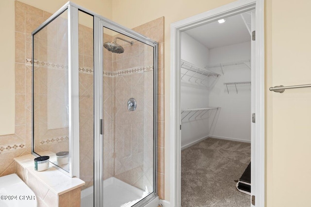 bathroom with a shower with shower door