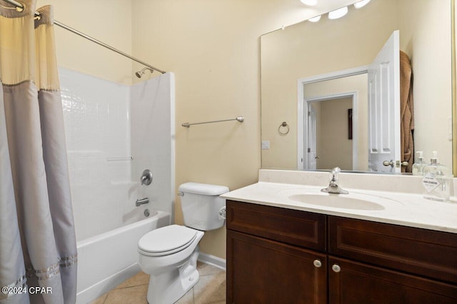 full bathroom with shower / bathtub combination with curtain, tile patterned flooring, vanity, and toilet