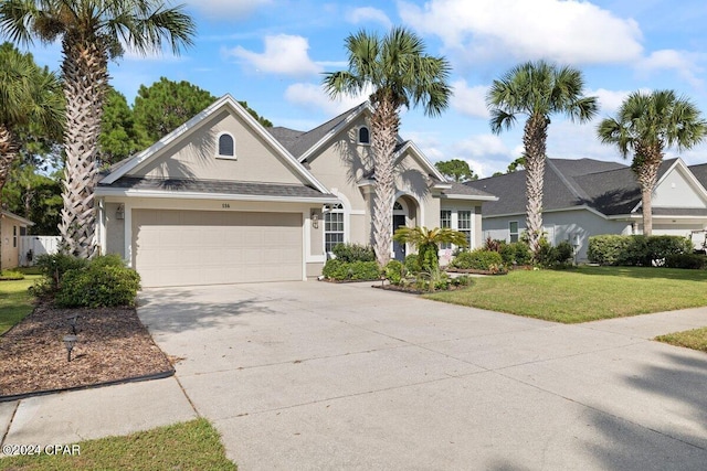 view of front of home with a front yard and a garage