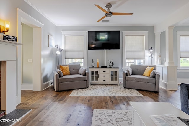 living room featuring wood-type flooring, a wealth of natural light, ceiling fan, and crown molding