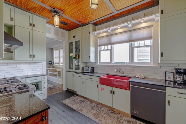 kitchen featuring wood ceiling, white cabinets, backsplash, dishwasher, and hardwood / wood-style floors