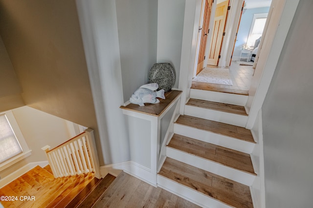 stairway featuring hardwood / wood-style floors and a healthy amount of sunlight