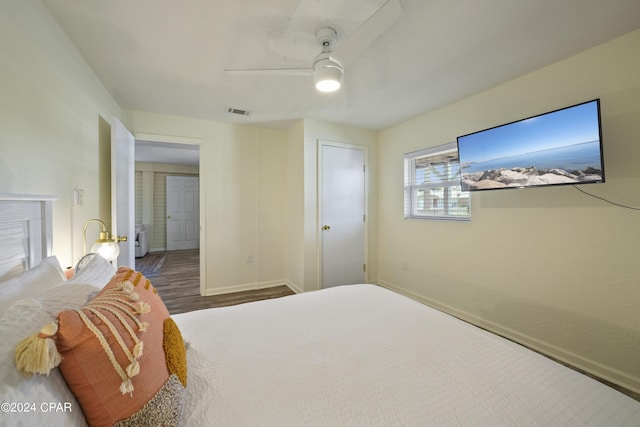 bedroom featuring ceiling fan and hardwood / wood-style flooring