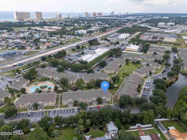 drone / aerial view featuring a water view