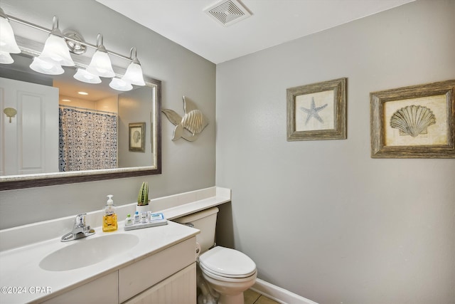 bathroom featuring tile patterned flooring, visible vents, toilet, vanity, and a shower with shower curtain