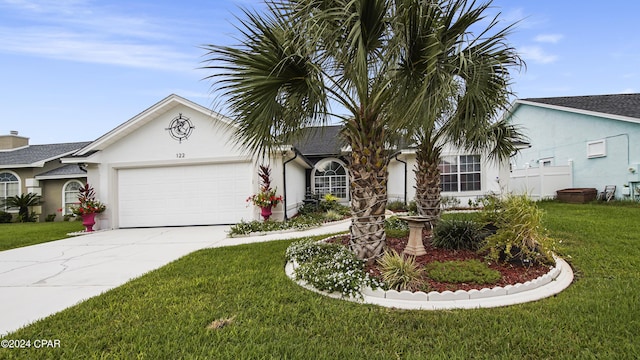 ranch-style house featuring a front lawn and a garage