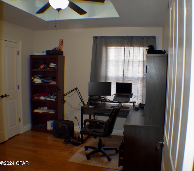 office featuring hardwood / wood-style flooring and ceiling fan