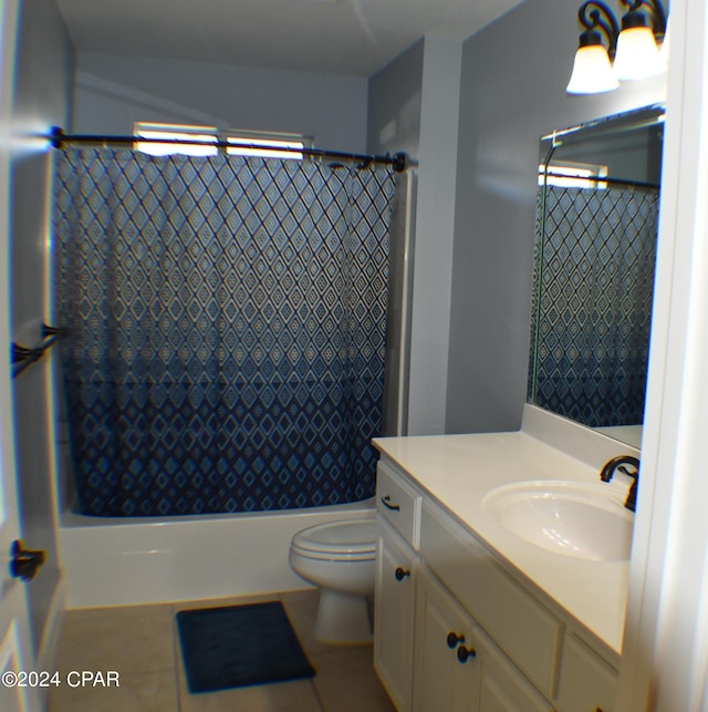 full bathroom with vanity, toilet, and shower / bathtub combination with curtain