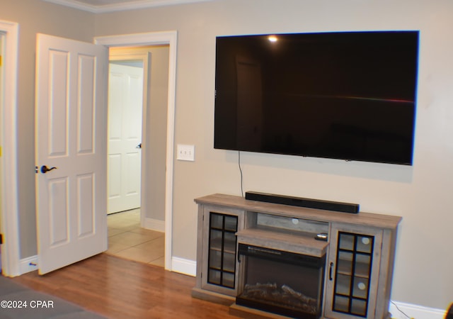 room details featuring hardwood / wood-style floors and crown molding