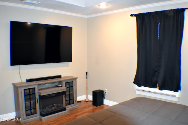 living room featuring a fireplace, hardwood / wood-style floors, and crown molding