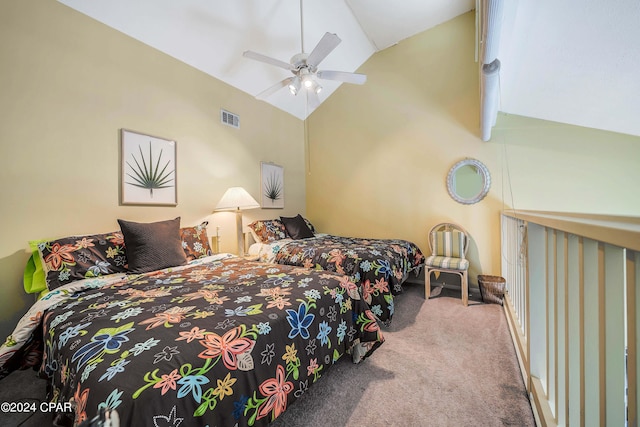 carpeted bedroom featuring high vaulted ceiling and ceiling fan