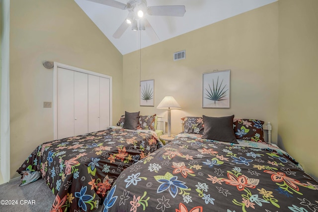 bedroom featuring carpet, a closet, high vaulted ceiling, and ceiling fan