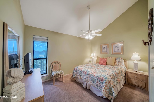 bedroom featuring multiple windows, ceiling fan, carpet floors, and high vaulted ceiling