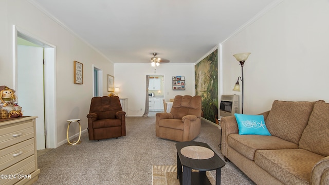 living room with light carpet, heating unit, and ornamental molding