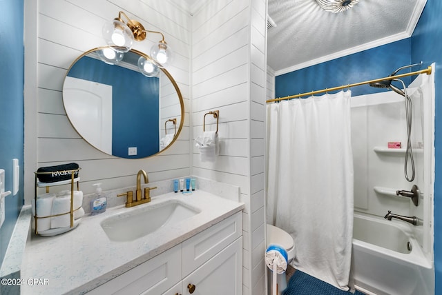 full bathroom featuring shower / bathtub combination with curtain, toilet, wood walls, vanity, and crown molding