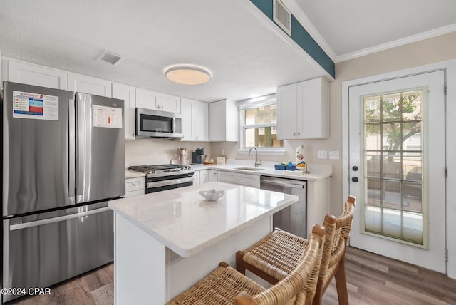 kitchen with sink, appliances with stainless steel finishes, a healthy amount of sunlight, and white cabinets