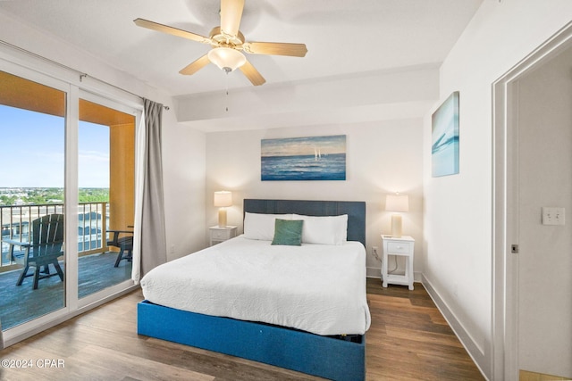 bedroom with wood-type flooring, ceiling fan, and access to exterior