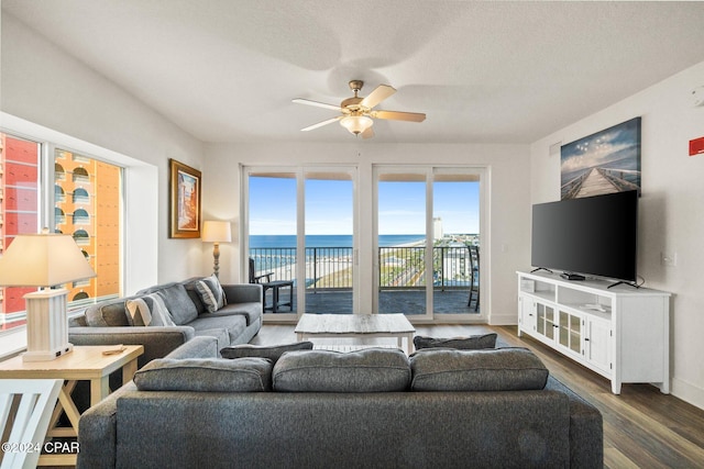 living room featuring ceiling fan, dark hardwood / wood-style floors, and a textured ceiling