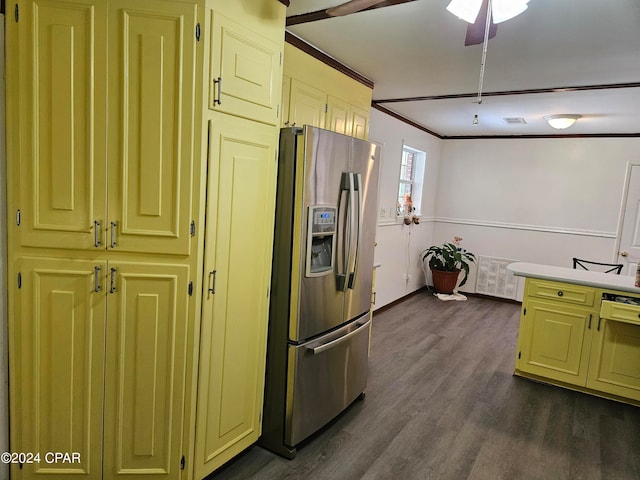 kitchen featuring ceiling fan, stainless steel fridge, dark hardwood / wood-style flooring, and crown molding