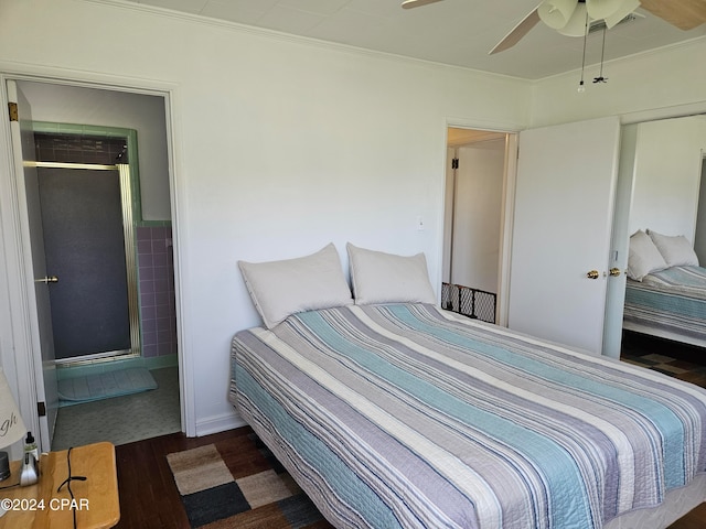 bedroom with dark hardwood / wood-style flooring, ceiling fan, and crown molding