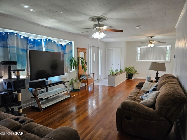 living room featuring ceiling fan and wood-type flooring