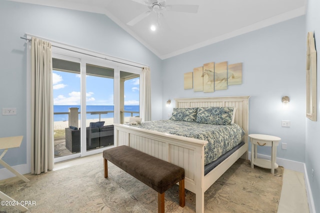 bedroom with lofted ceiling, a water view, access to outside, and ceiling fan