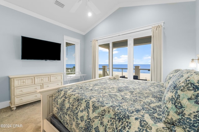 bedroom with access to outside, ceiling fan, lofted ceiling, a water view, and light colored carpet