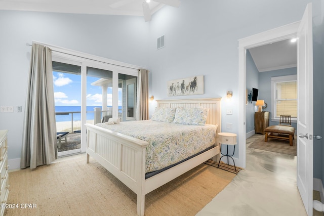 bedroom with lofted ceiling, access to outside, ornamental molding, a water view, and ceiling fan