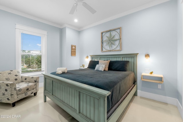 bedroom featuring crown molding and ceiling fan