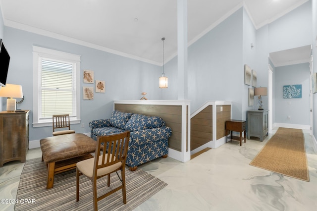 living area with high vaulted ceiling, ornamental molding, and light colored carpet