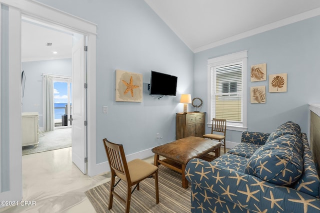 living room with crown molding and vaulted ceiling