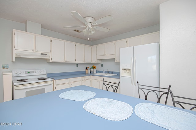 kitchen featuring ceiling fan, a textured ceiling, white cabinetry, sink, and white appliances