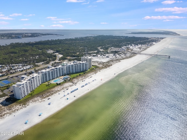 aerial view featuring a water view and a view of the beach