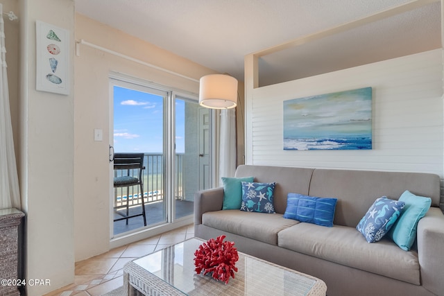 living room featuring light tile patterned flooring