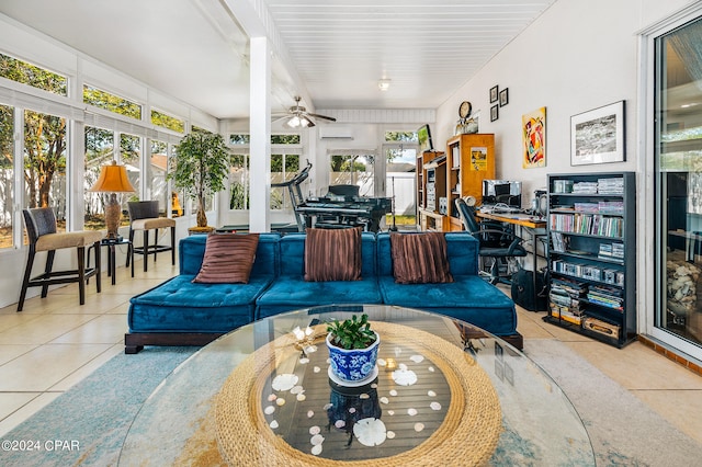 interior space with an AC wall unit and ceiling fan