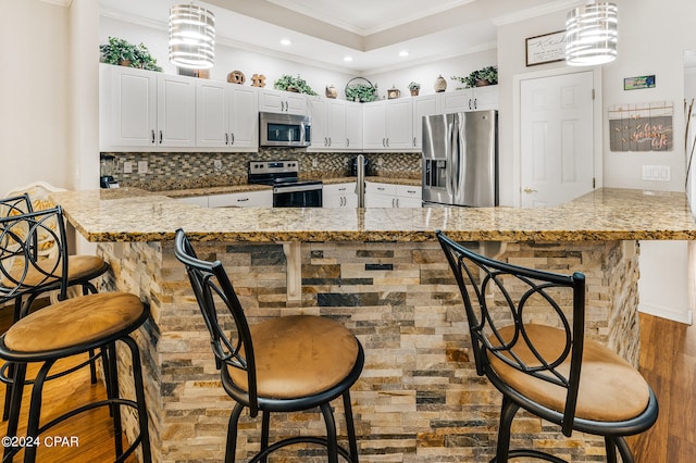 kitchen featuring dark wood-type flooring, kitchen peninsula, appliances with stainless steel finishes, and crown molding