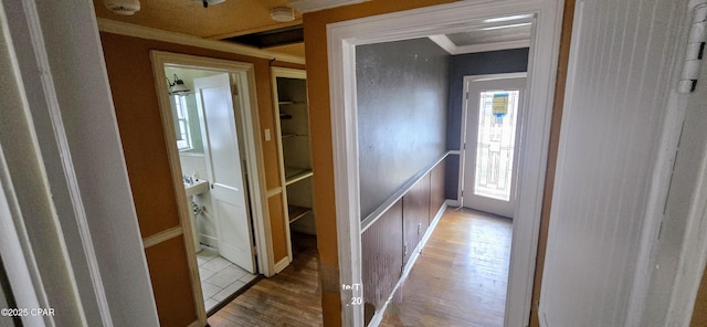 corridor featuring crown molding and light hardwood / wood-style flooring