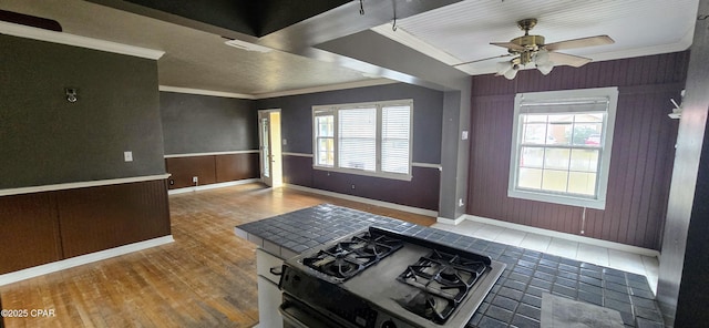 kitchen featuring gas range, ceiling fan, and ornamental molding