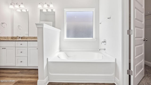 bathroom with vanity, a garden tub, and wood finished floors