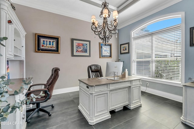 tiled office space featuring crown molding and an inviting chandelier