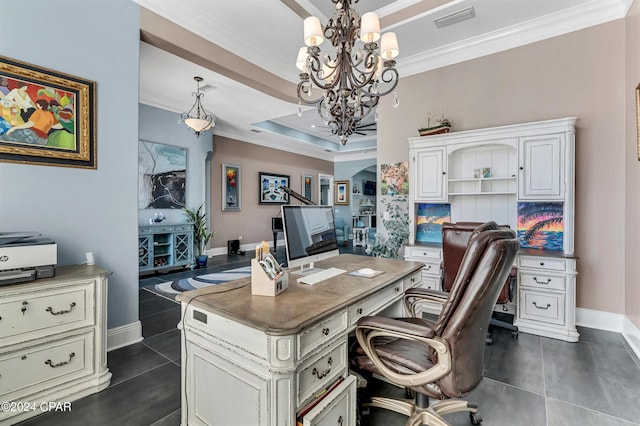 office area with a raised ceiling, an inviting chandelier, and ornamental molding