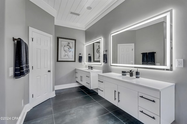 bathroom with vanity, crown molding, wood ceiling, and tile patterned flooring