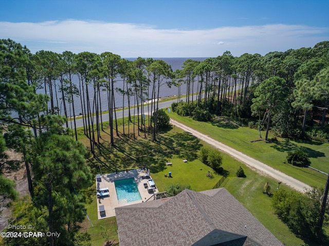 birds eye view of property featuring a water view