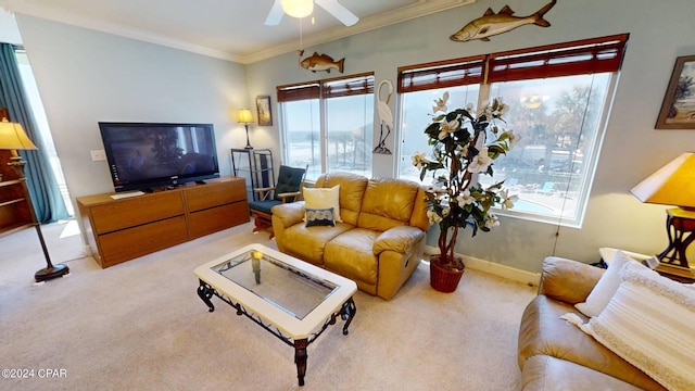 carpeted living room featuring ornamental molding and ceiling fan