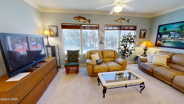 carpeted living room with crown molding and ceiling fan