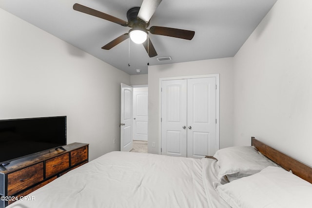 bedroom with ceiling fan and a closet